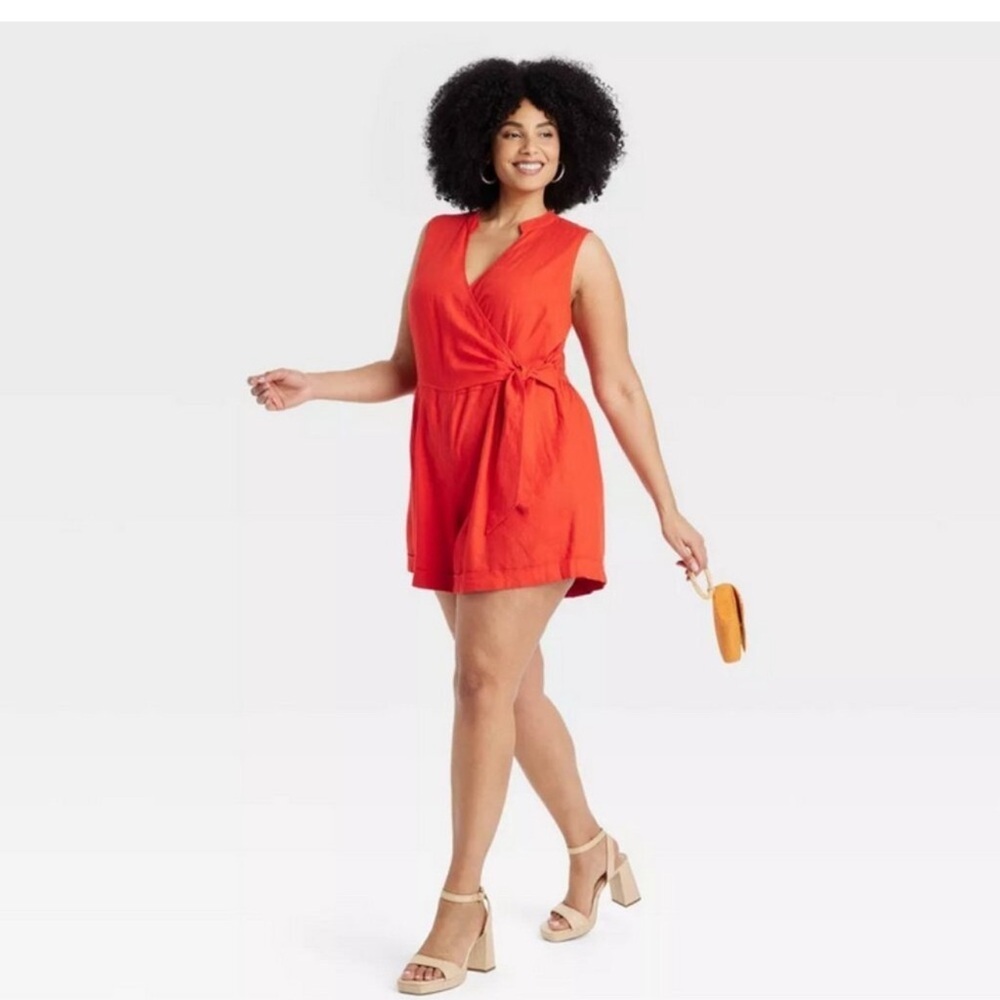 A New Day Sleeveless Linen Blend Wrap Elastic Waist Romper Red Orange Size XXL